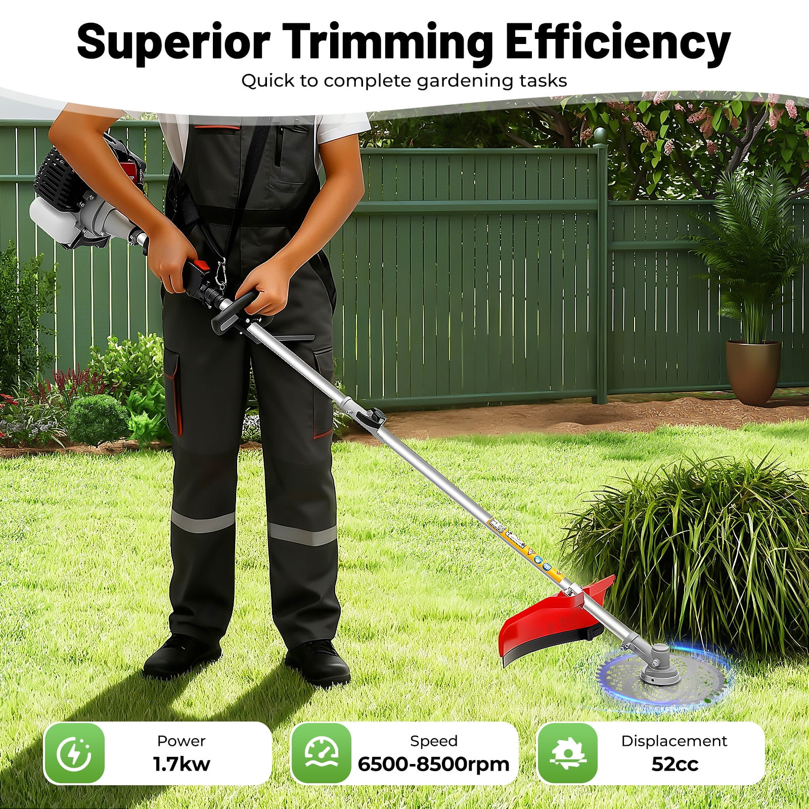 52CC 2-Stroke Gas Multi-Trimmer, 8500r/Min 0.9Qt Tank Capacity Detachable Gasoline Power Garden Lawn Aluminum Brush Cutter String Trimmer w/7 Heads