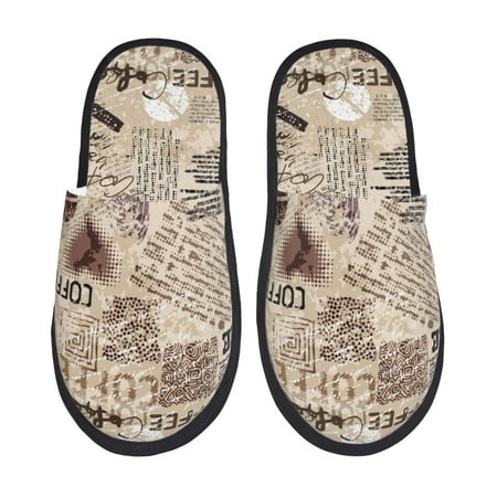 Balery Abstract Coffee Pattern With Letters Slient Indoor Furry Fleece Comfort House Shoes Soft Non-Slip Home Shoes Cotton slippers House Slippers-- Large