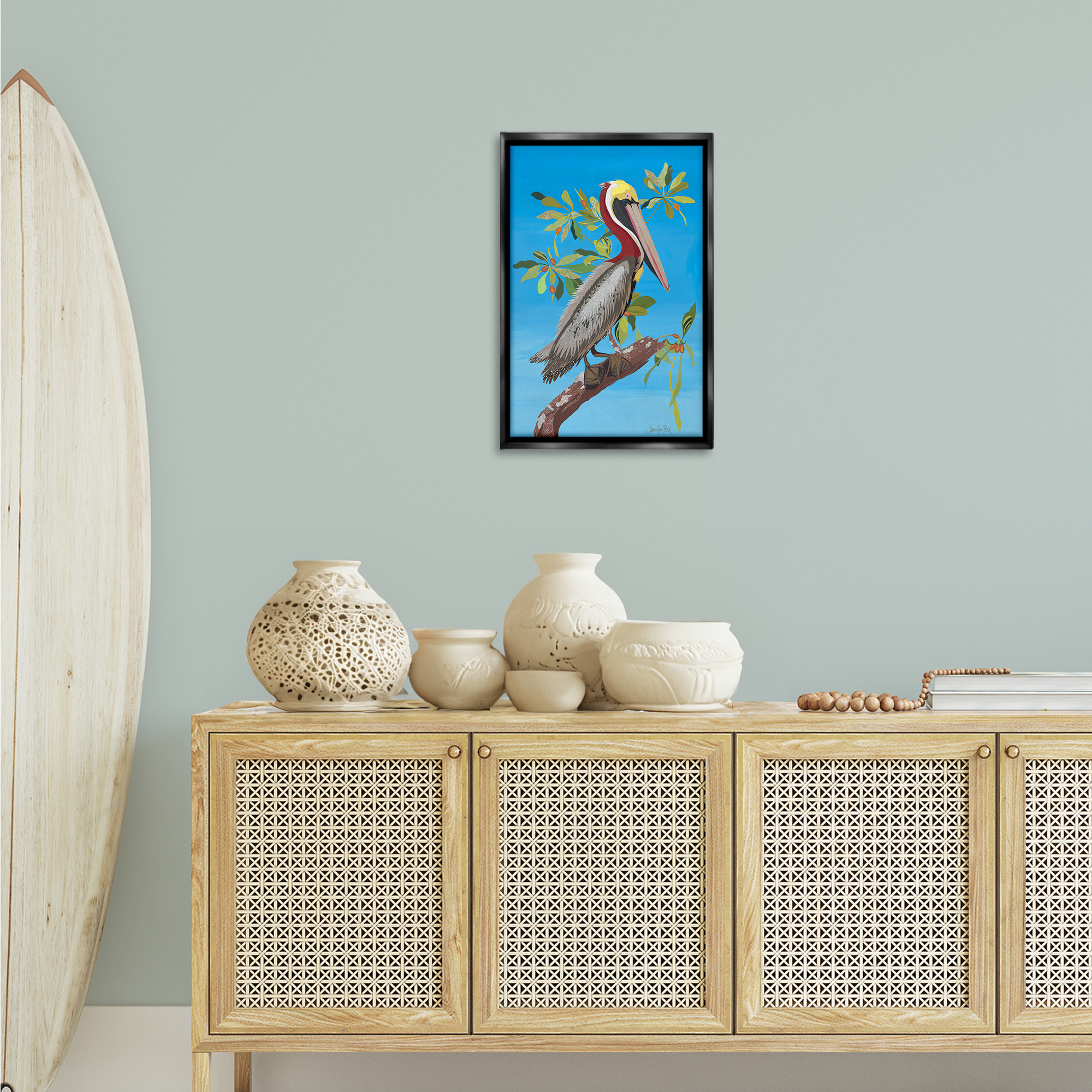 Stupell Industries Brown Pelican on Tree Animals & Insects Painting Black Floater Framed Canvas Art Print Wall Art, 17 x 25