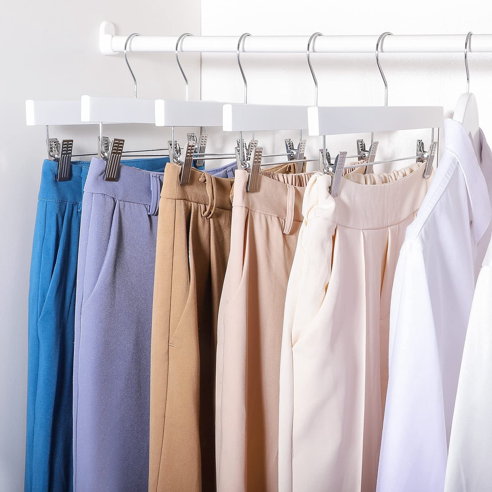 ACSTEP Wooden Pants Hangers with Clips, 14" Heavy Duty & Anti Slip Wooden Hangers for Pants, Skirt, 25 Pcs, White