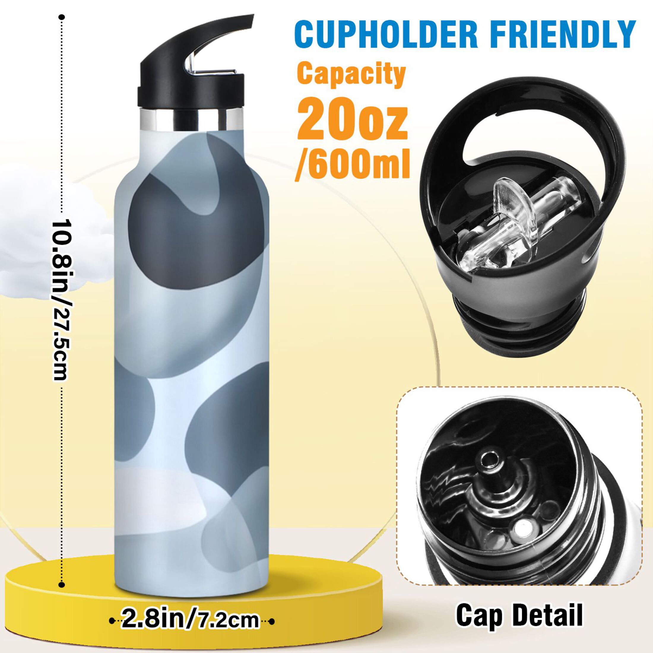 Kids Insulated Stainless Steel Sports Water Bottle 600ml (20oz) Off-white Circular Pattern