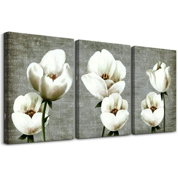 Living Room Wall Decor Canvas Wall Art For Bedroom Bathroom Wall Painting Artwork Gray Green Vintage Style White Flowers Abstract Pictures Wall Decorations For Kitchen 3 Panels Modern Family Decor