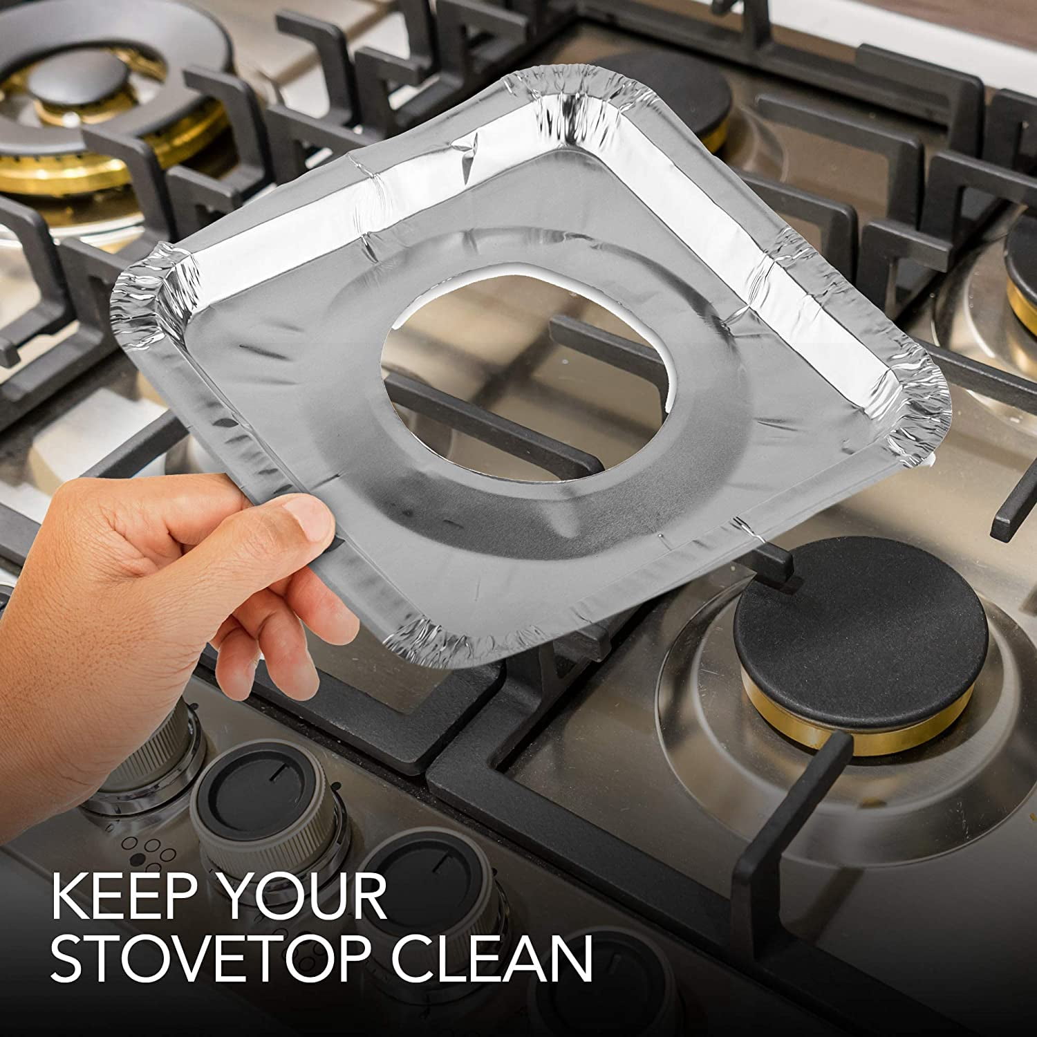 Gas Burner Liners (100 Pack) Disposable Aluminum Foil Square Stove Burner Covers - 8.5 Inch Gas Range Protector Bibs Keep Stove Clean - Foil Liners to Catch Oil, Grease and Food Spills