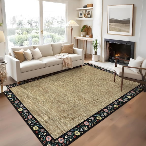 4x6 Farmhouse Floral Bordered Accent Rug, Needle Punched Non Slip Washable Low Pile Small Bedroom Home Office Carpet,yellow
