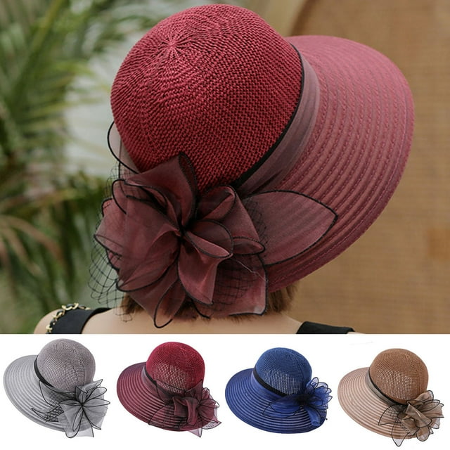 Neinkie Fashion Flower Lace Ribbon Wide Brim Caps Summer Beach Sun Protective Hat Straw Hats for Women