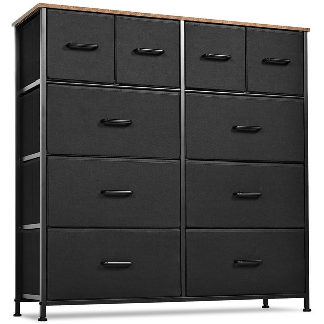 SortWise 10 Drawer Dresser Storage Tower for Closet, TV Stand Furniture with Wood Top and Metal Frame for Hallway, Entryway, Black