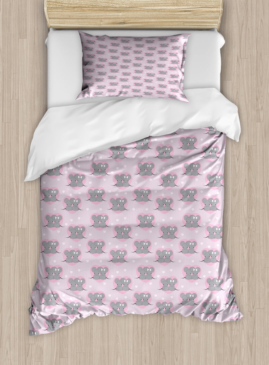 Pink and Grey Twin Size Duvet Cover Set, Little Mouse Characters with