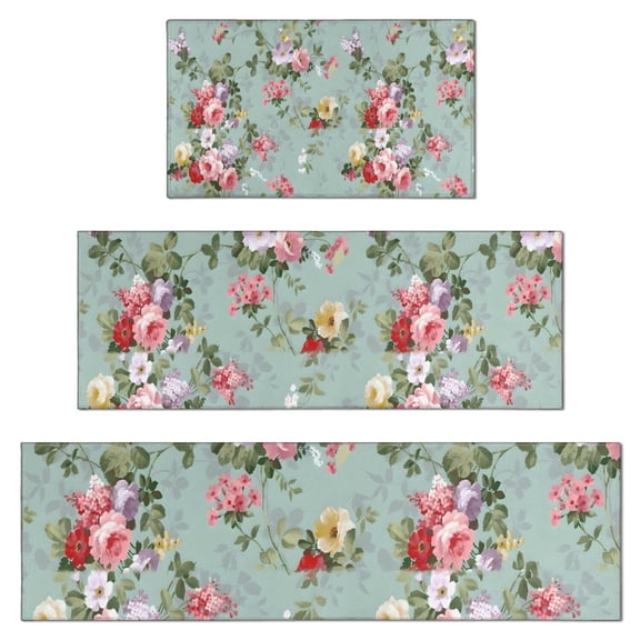 Pioneer Flower Floral Print Pattern Kitchen Rugs Sets Of 3,Kitchen Runner Rugs Non Skid Washable,Decorative Kitchen Floor Mats for Kitchen,Sink,Laundry,17"x30" 17"x47" 17"x59"