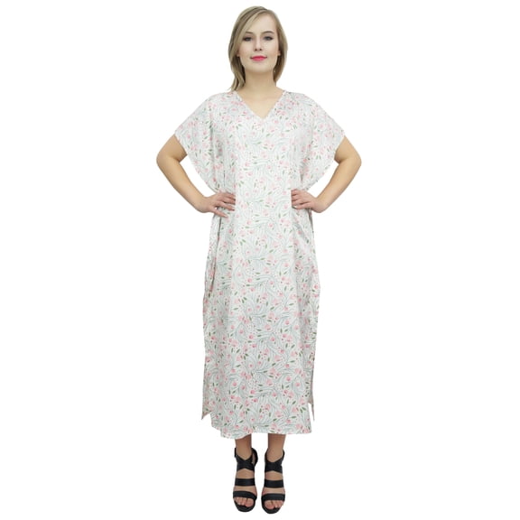 Bimba Women's Floral Printed White Satin Long Maxi Kaftan Beach Gown Caftan-8