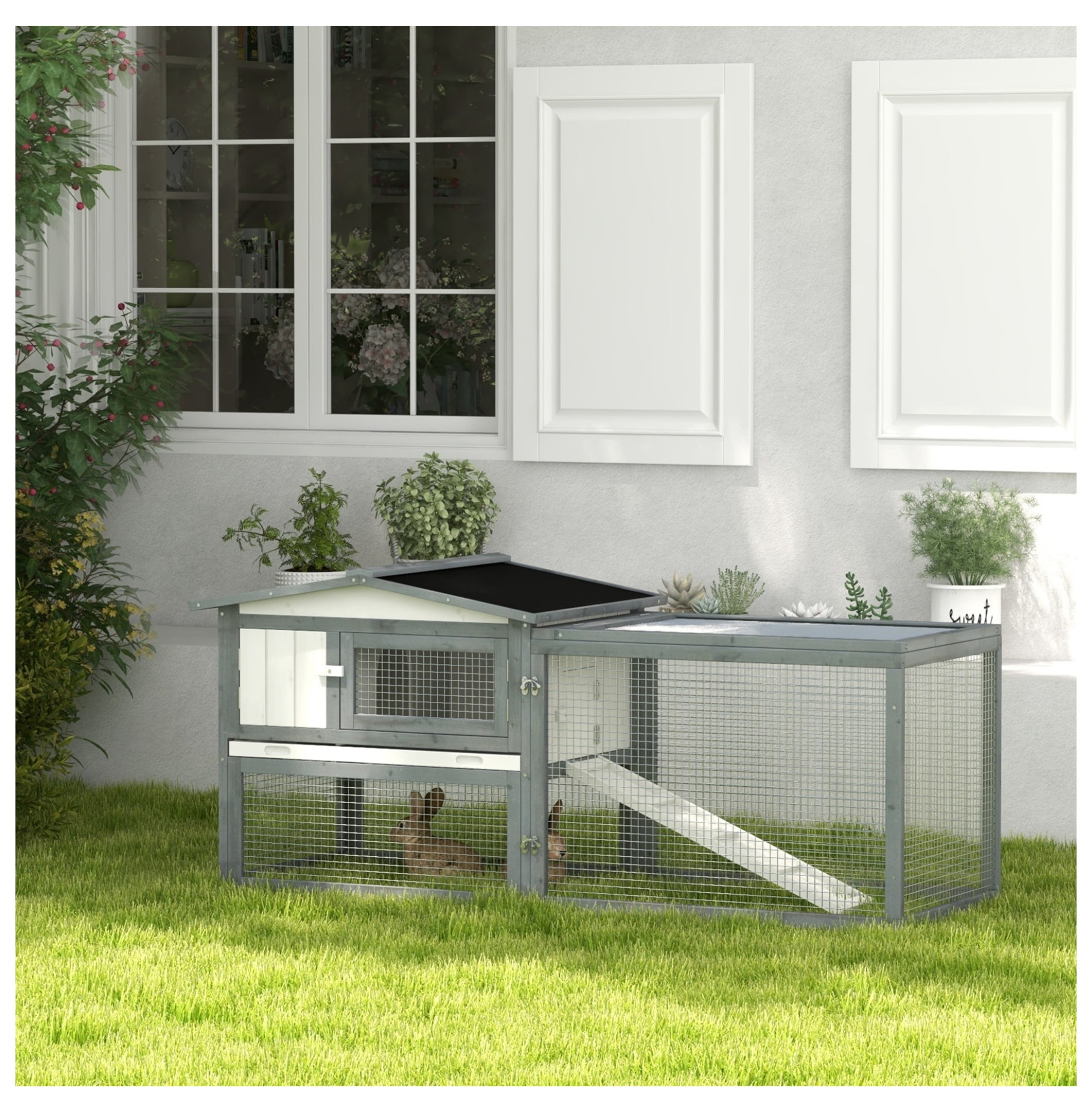 Rabbit Hutch Outdoor 2-Tier 61" L Wooden Cage for Rabbits Guinea Pigs - White