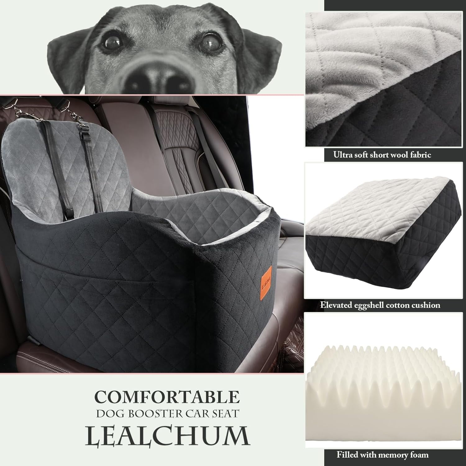 Dog Booster Car Seat for Small/Medium Dogs,Memory Foam Elevated Cushion Car Seat for Dogs,Fully Detachable and Washable Pet Portable Car Seat With 2 Clip-On Safety Leashes(Black/Grey)