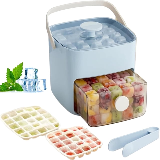 48 Cube Ice Maker With Easy Press Lid, Double Layer Portable Ice Maker with Lid and Storage Box for Freezer, Handled Press-Type Ice Cube Tray with Lid and Bin for Whiskey, Cocktail, Beer (Blue)