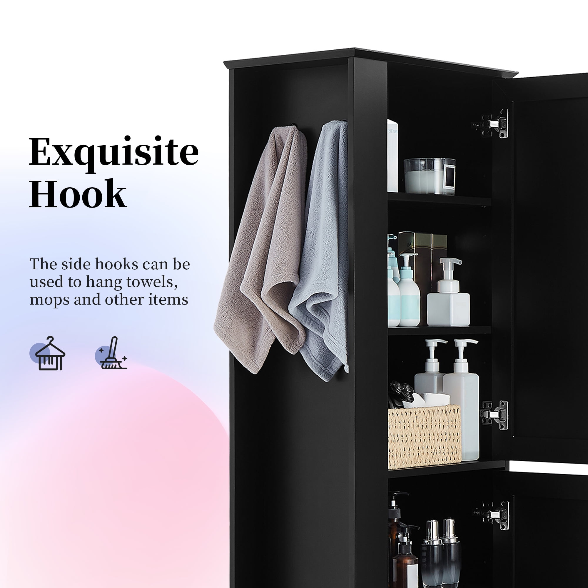 Harper & Bright Designs Tall Bathroom Storage Cabinet Doors and Hook, Modern Freestanding Cabinet with Adjustable Shelves for Bathroom, Black