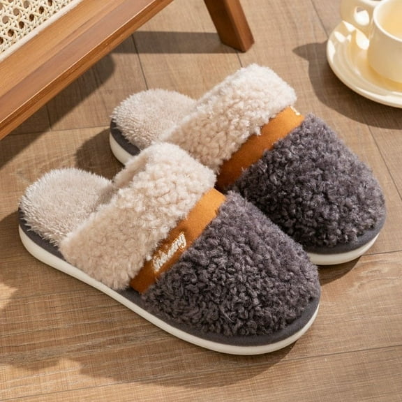 Women Winter Fluffy Fur Slippers Women Cute Bow Flat Shoes Anti-slip Flip Flops Couples Home Indoor Slippers Warm Plush Slippers (Dark Gray,44-45)