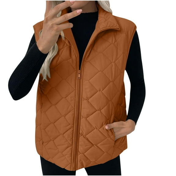 qucoqpe Women's Quilted Vest Stand Collar Lightweight Zip Up Padded Thermal Warm Sleeveless Jacket Casual Fleece Lined Outerwear Coat
