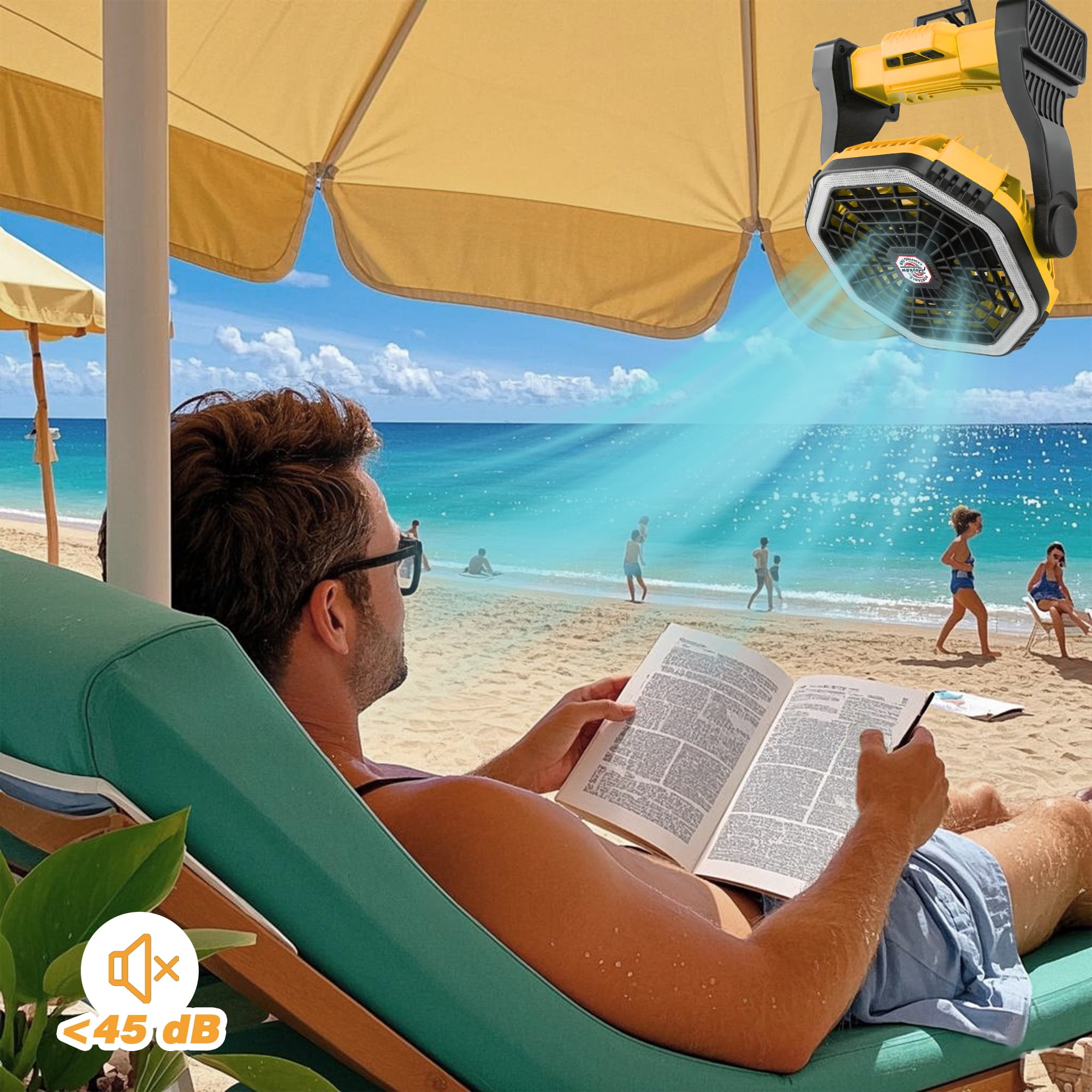 Roykaw Portable Fan for Travel, 10400 mAH Rechargeable Camping Fan, Cordless Battery Powered Fan with Led Light, Battery Fan with Handle, for Tent, Fishing, Hurricane Fan for Bedroom, Yellow