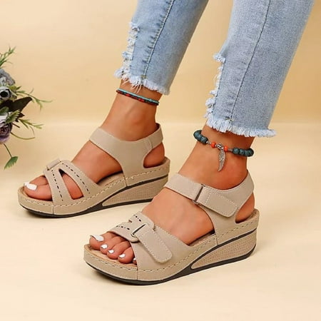 

HIMIWAY Wedge Sandals for Women Comfortable Women s Orthopedic Sandals Fishmouth Wedges High-heeled Shoes Women s Shoes Sandals Beige 37