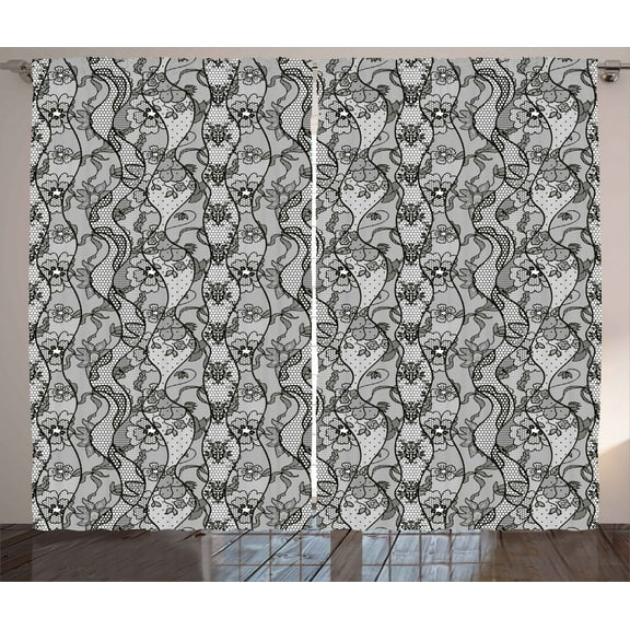 Ambesonne Antique Curtains 2 Panel Set, Lace Gothic Pattern, 108" x 96", Grey Black