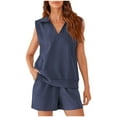 thumbnail image 2 of Ndbuld Women Summer Cotton Linen Short Sets 2 Piece Shorts Top Lounge Beach Vacation Two Piece Outfits Tracksuits Deal of The Week Navy S, 2 of 9