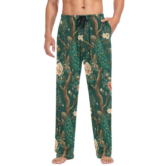 FORMRS Mens Pajama Pants with Pockets Cotton Sleepwear Lounge Bottoms Sizes S-2XL, Tiger and Peacock Pattern