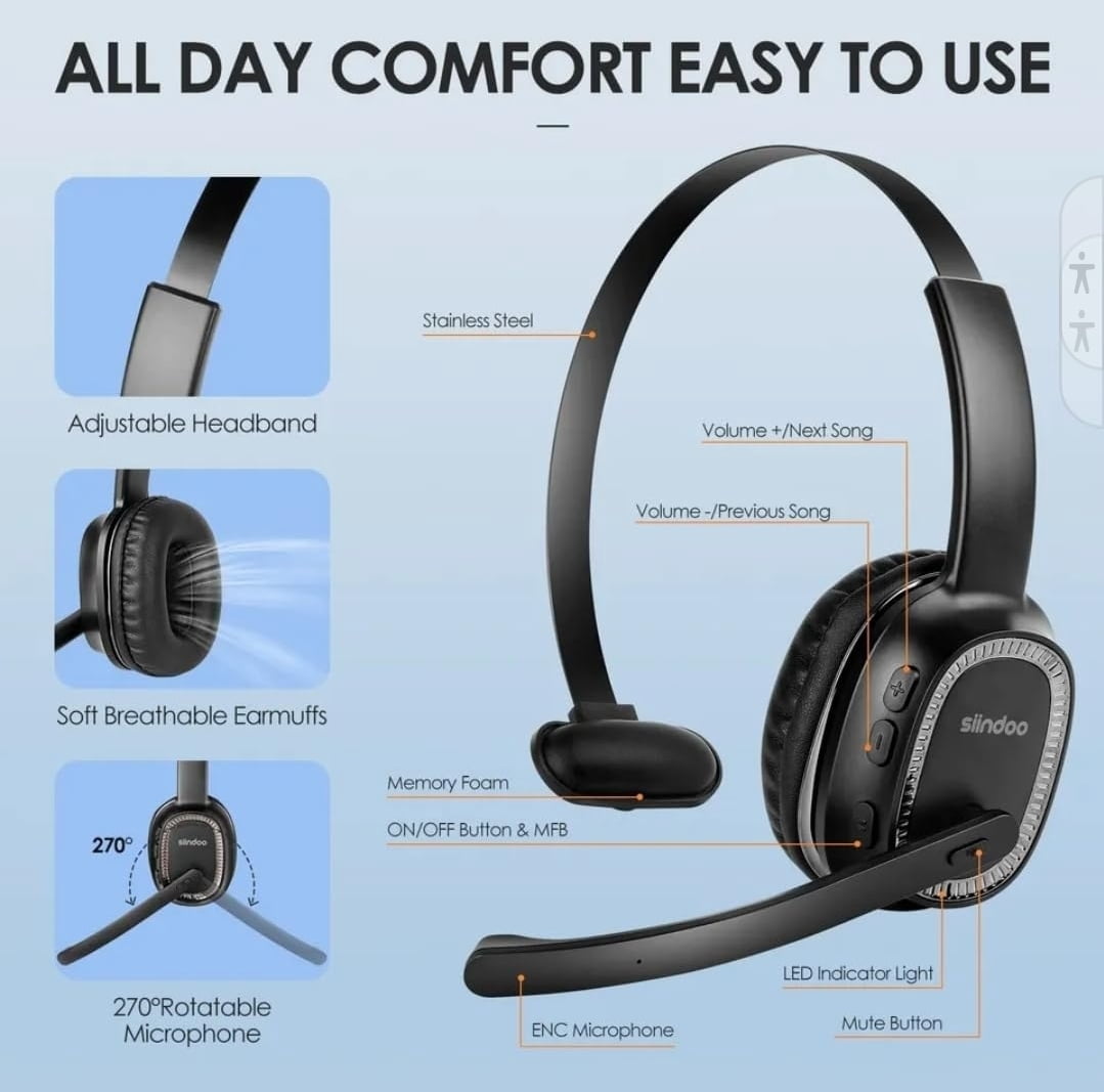 Sindoo JH-101 On-Ear Trucker Bluetooth Headset with Noise-Cancelling Microphone, Lightweight, Wireless Single Earpiece Design, Compatible with All Bluetooth Devices - Black