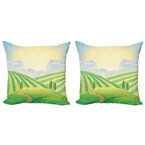 Nature Throw Pillow Cushion Cover Pack of 2, Hills and Sunrise Roads Fields Countryside Cartoonish Illustration, Zippered Double-Side Digital Print, 4 Sizes, Fern Green Multicolor, by Ambesonne
