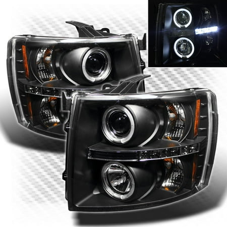 Twin Tube Front Chevy 2007-2014 Chevy Silverado Twin Halo LED Projector Headlights Black Head Lights Pair L+R 2008 2009 2010 2011 2012 2013 ()