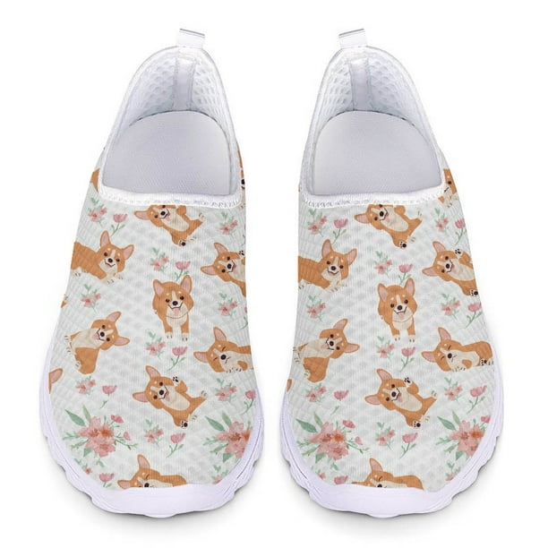 Doginthehole - Zapatos informales para mujer, zapatillas de deporte con estampado floral de Corgi, zapatos planos ligeros, mocasines para caminar de verano, zapatos personalizados para mujer