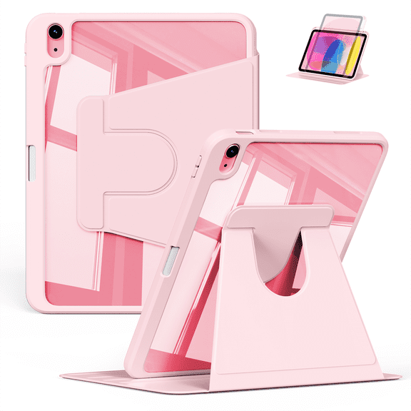 Kenke Rotating Case Compatible with iPad (A16) 11th/10th Generation (2025/2022), with Pencil Holder, Cover Clear Back Shockproof, 360 Degree Rotation Protective Stand, Auto Wake/Sleep, Pink