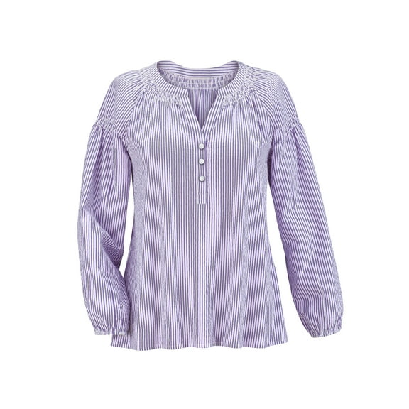 Collections Etc Seersucker Smock Trimmed V-Neck Long Sleeve Shirt