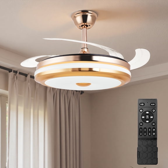 RJFKSNC 42" Gold Smart Retractable Ceiling Fan with Light and Remote, Dimmable LED Fandelier, 6-Speed Reversible DC Motor, Modern Gold Finish