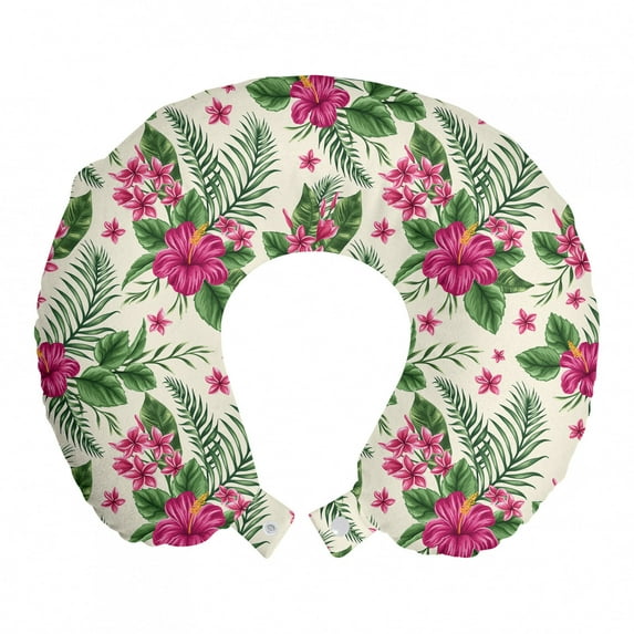 Watercolor Travel Pillow Neck Rest, Plumeria and Hibiscus Flora Tropical Island Nature Aloha Hawaii Jungle, Memory Foam Traveling Accessory Airplane and Car, 12", Magenta Cream Green, by Ambesonne