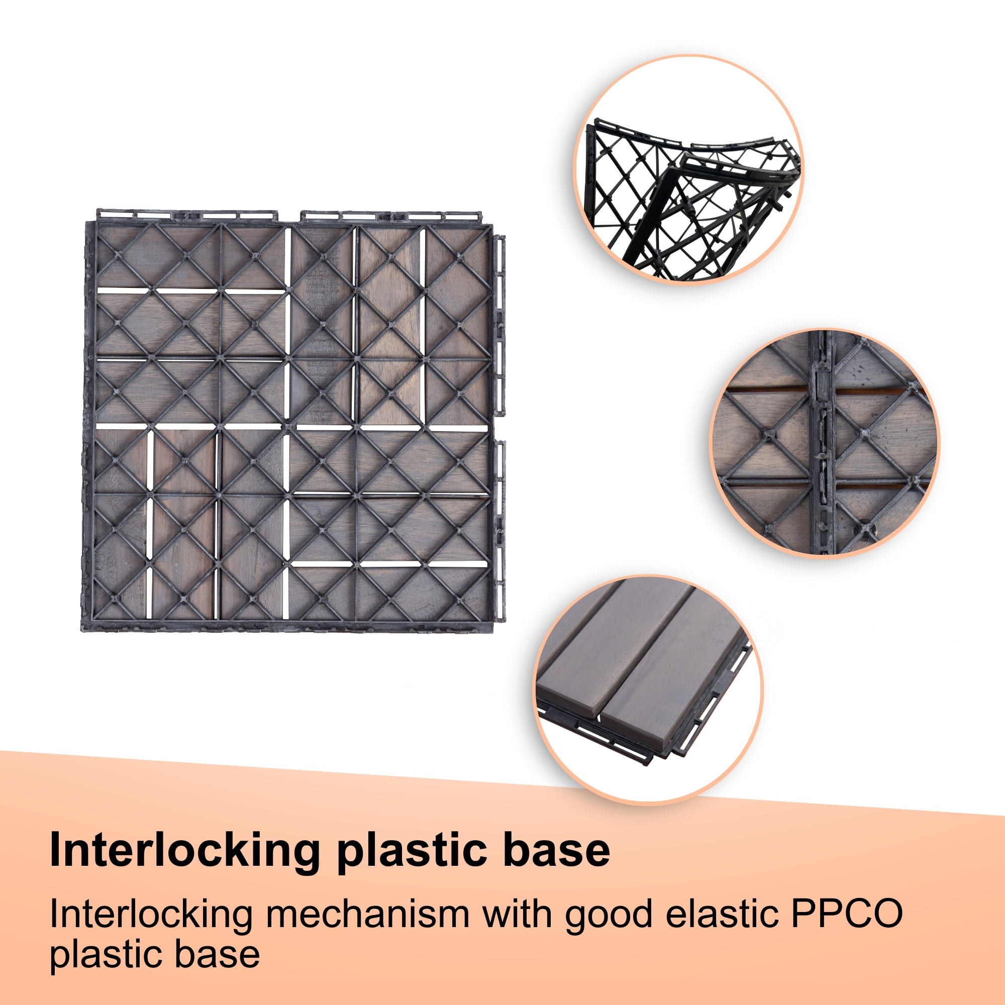 Miniyam 30 Pcs Interlocking Deck Tiles, 12x12 inch, Acacia Solid Wood, Outdoor Balcony, Light Gray
