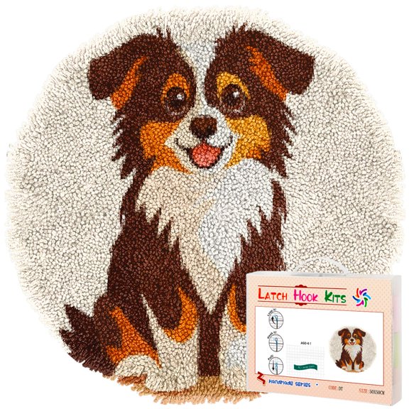 Latch Hook Rug Kit Cute Australian Shepherd Stamped Handmade Round Shape Carpet Crochet Yarn Craft DIY Hook and Latch Door Mat Tapestry for Home Floor Decor 50x50cm