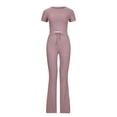 thumbnail image 3 of Idoravan Women Sets Clothing Fashion Casual Suit Female Solid Color High Elastic Body Sculpting Short-sleeve Pinstripe Wide-leg Pants Two-piece Set, 3 of 4