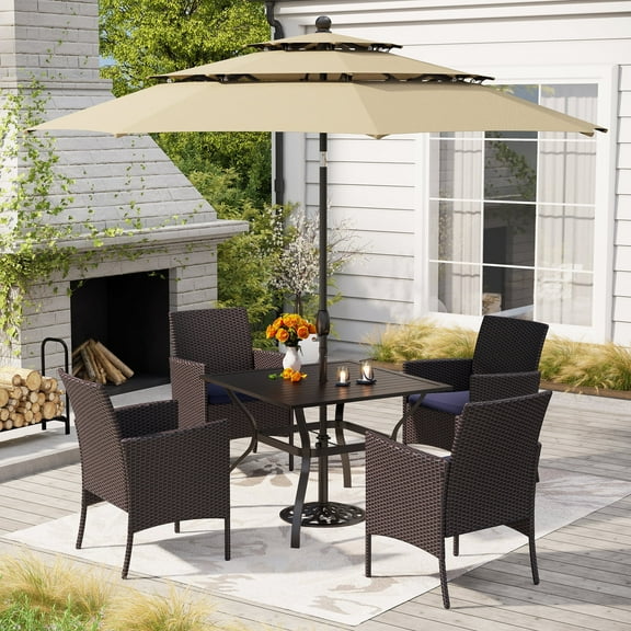 MF Studio 6-Piece Rattan Outdoor Patio Dining Set with 10FT Beige Umbrella, Wicker Outdoor Chairs with Cushion and Square Patio Table with Umbrella Hole for 4 People