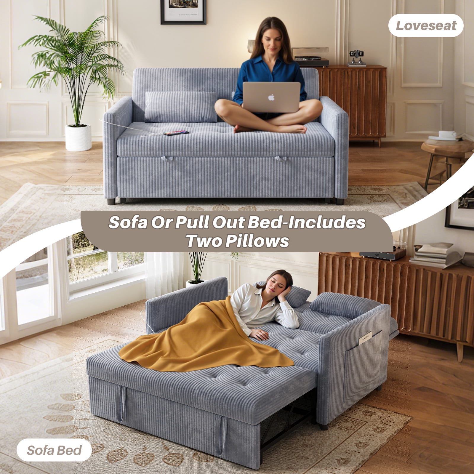 Loveseat Sleeper Sofa,Convertible Sofa Bed,3-in-1 Modern Couch with Pull Out Bed,Sofa Bed with Pockets and USB for Small Spaces,Grey
