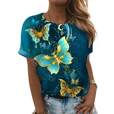 KZKR Women's V Neck T-Shirts Short Sleeve Colorful Butterfly Tees ...