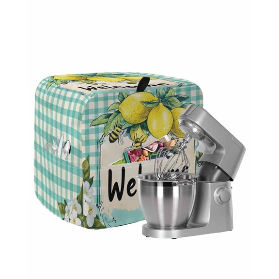 Summer Lemon Stand Mixer Dust Cover with Storage Pocket & Handles, Spring Bees Turquoise Plaid Fits All Tilt Head & Bowl Lift Kitchen Appliance Cover Organizer Bag Accessories, 6-8 Quart