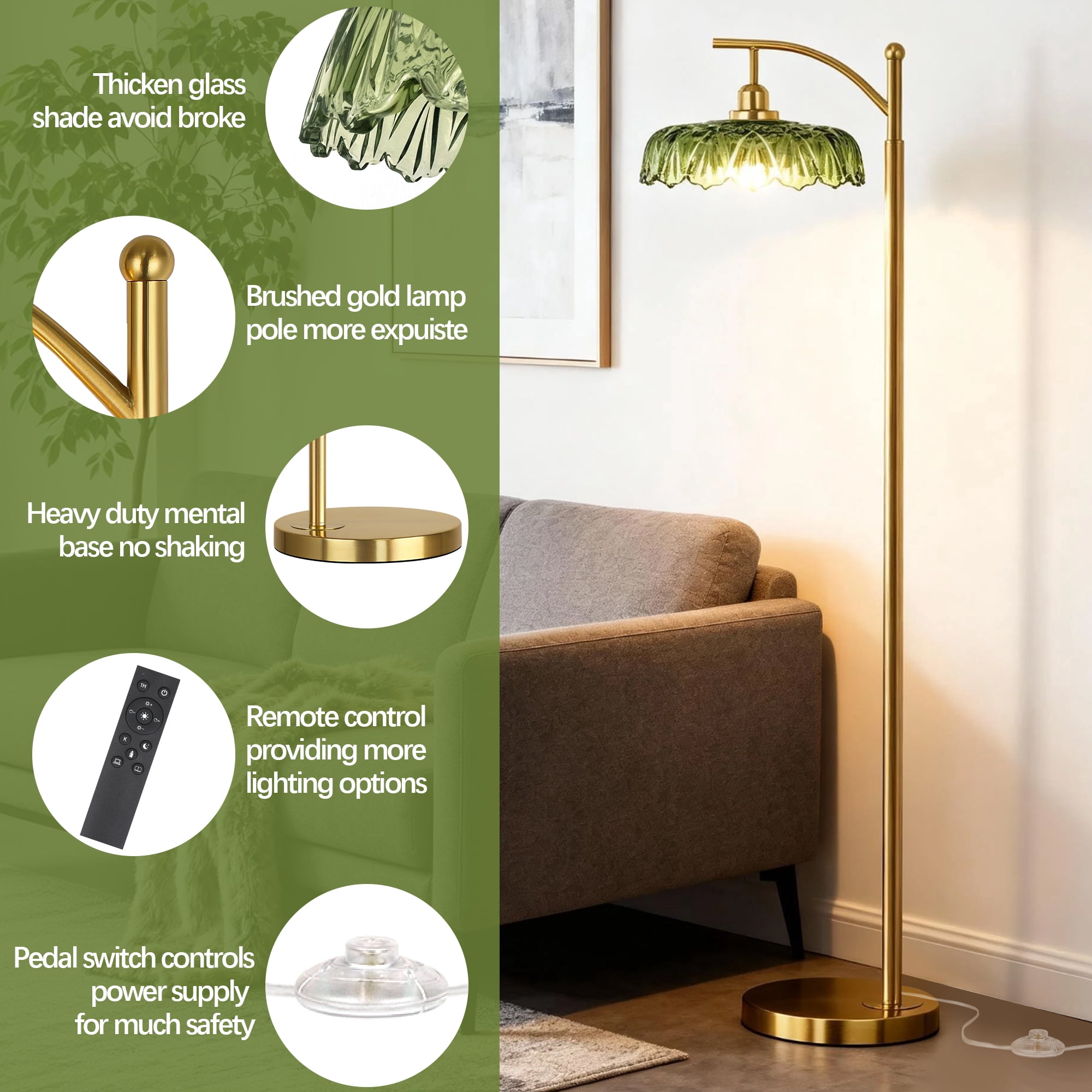 68in Gold Floor Lamp for Living Room Mid Century Modern Standing Lamp with Green Glass Shade, Flower Lamp