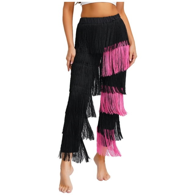LiiYii Women's Fringe Latin Ballroom Dance Pants Salsa Tango Samba Rumba Dance Performance Black&Pink S