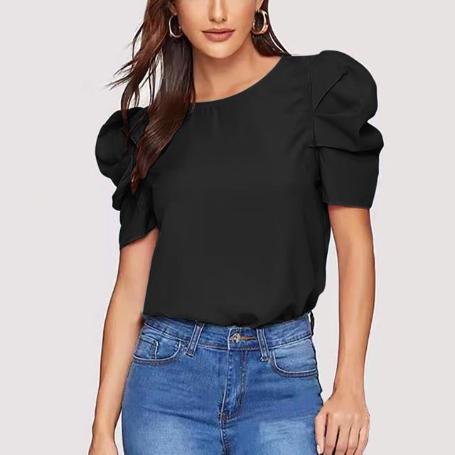 WAIIMAK Summer Womens Tops Solid Color Round Neck Blouse Pleated Puff Short Sleeve Tops