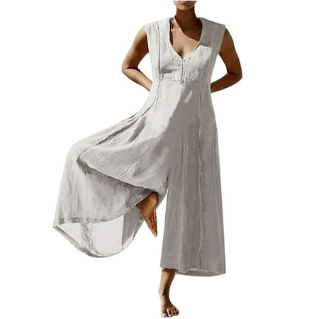 

Holloyiver Jumpsuits for Women Summer DressyLoose Cotton Linen Sets 3/4 Sleeve Square Neck Pleated One Piece Romper Overalls Zipper JumpsuitsWhite