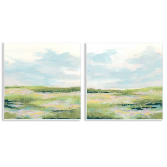 Stupell Industries Pastel Meadow under Blue Sky Landscape & Nature Painting Unframed Art Print Wall Art, 12 x 12, Set of 2