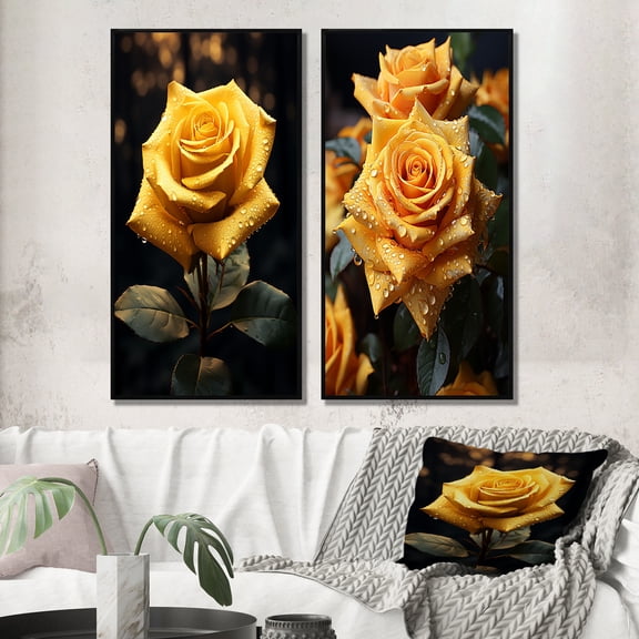 Designart "Yellow Black Rose gracefulness II" Flowers Framed Wall Art Set Of 2 - Yellow Floral Framed Canvas Set For Living Room Decor