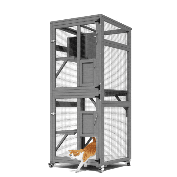 TIMHAKA Wooden 4-Tier Cat House with Mesh Panels, Waterproof Roof, and Platform on Wheels, Gray