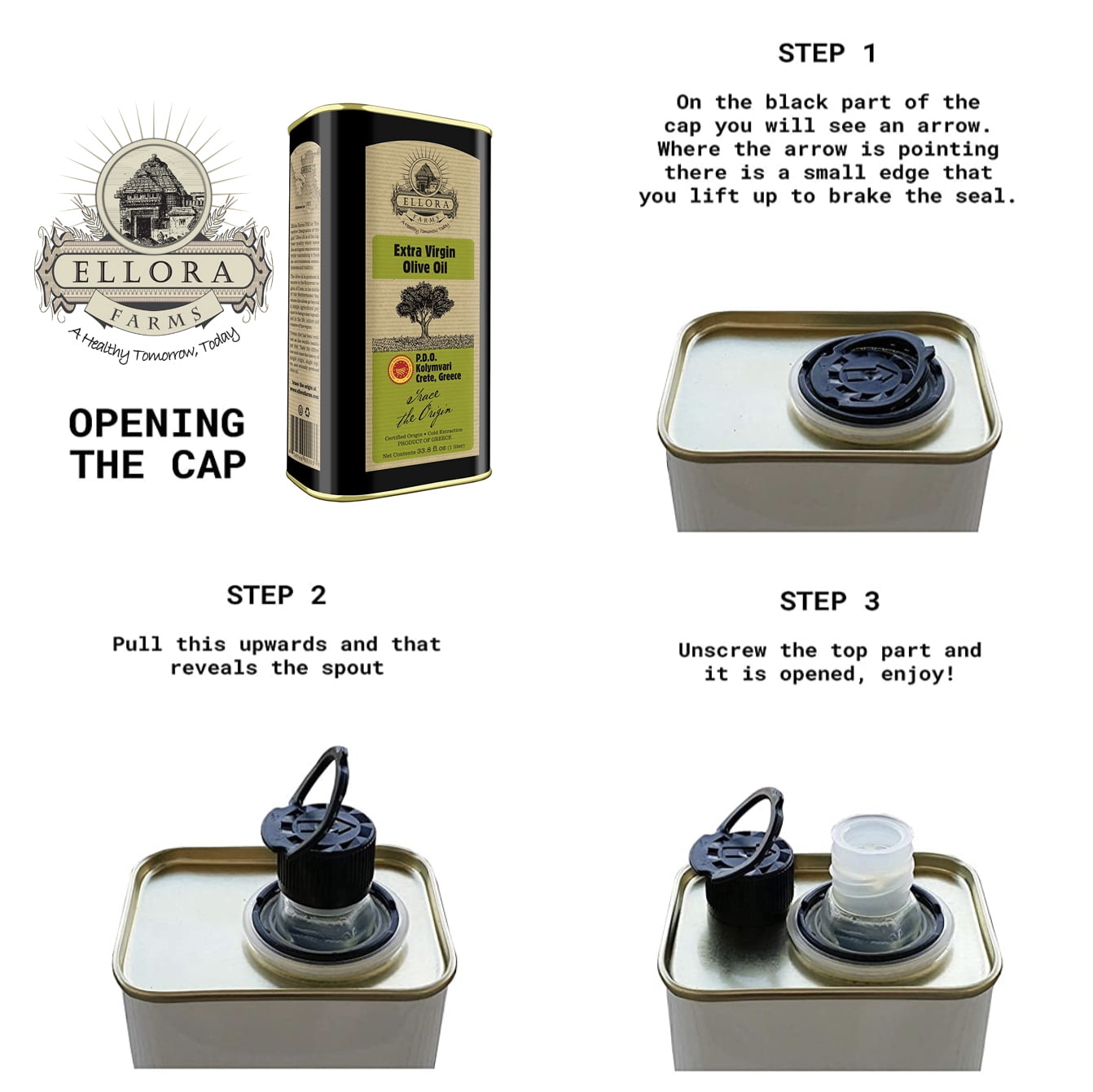 Ellora Farms Extra Virgin Olive Oil, Greek Single Estate PDO, Global Gold Award, Kosher, 2 x 33.8 oz