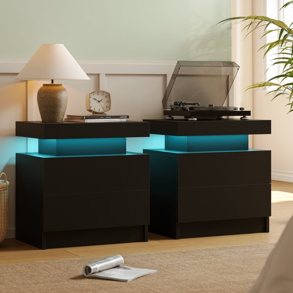Cubehom Nightstand Set of 2 LED Bedside with 2 Drawers Wood for Adults Bedroom Room Black