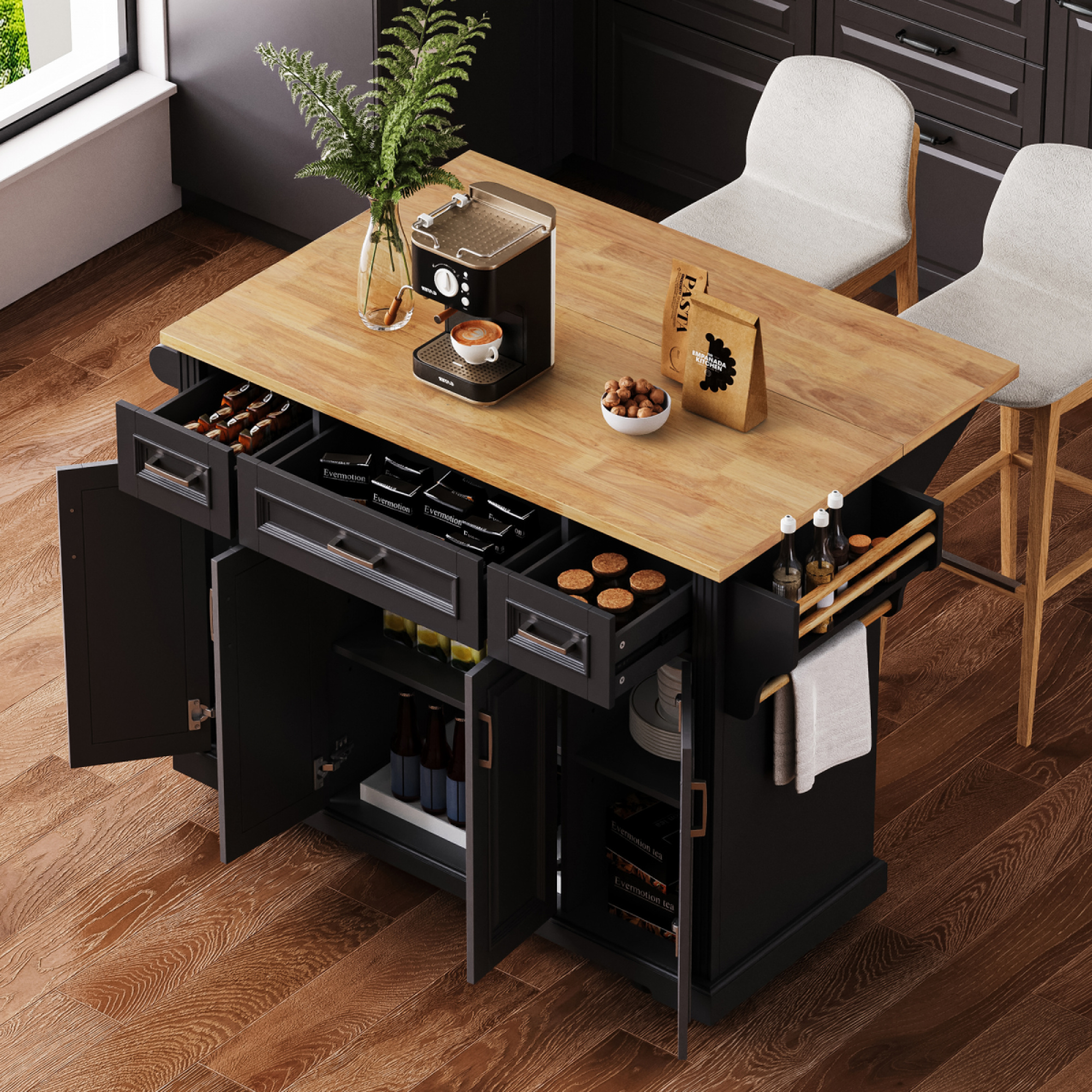 54 Inch Rolling Kitchen Island Cart - Rubber Wood Drop Leaf, Embossed Texture, 4 Doors 3 Drawers Storage for Kitchen Dining,Black