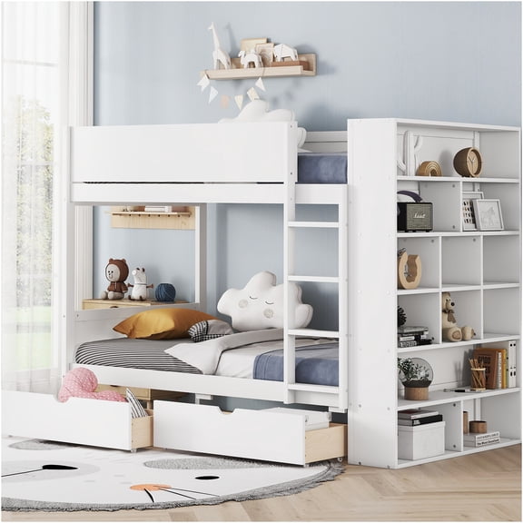 JERFIT White Twin over Twin Bunk Bed with Storage Drawers & Cabinet, Space Saving Solid Wood & MDF Design